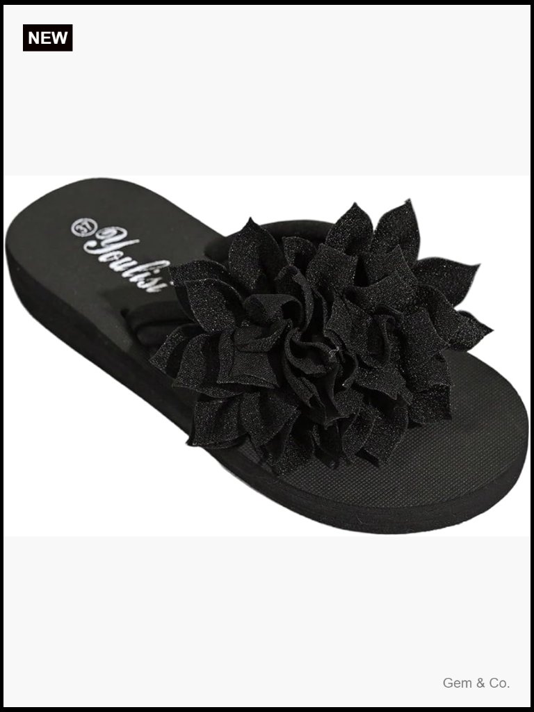 Boho Flat Sandals With Applique Flowers, Slip On Flip Flops For Beach Vacation